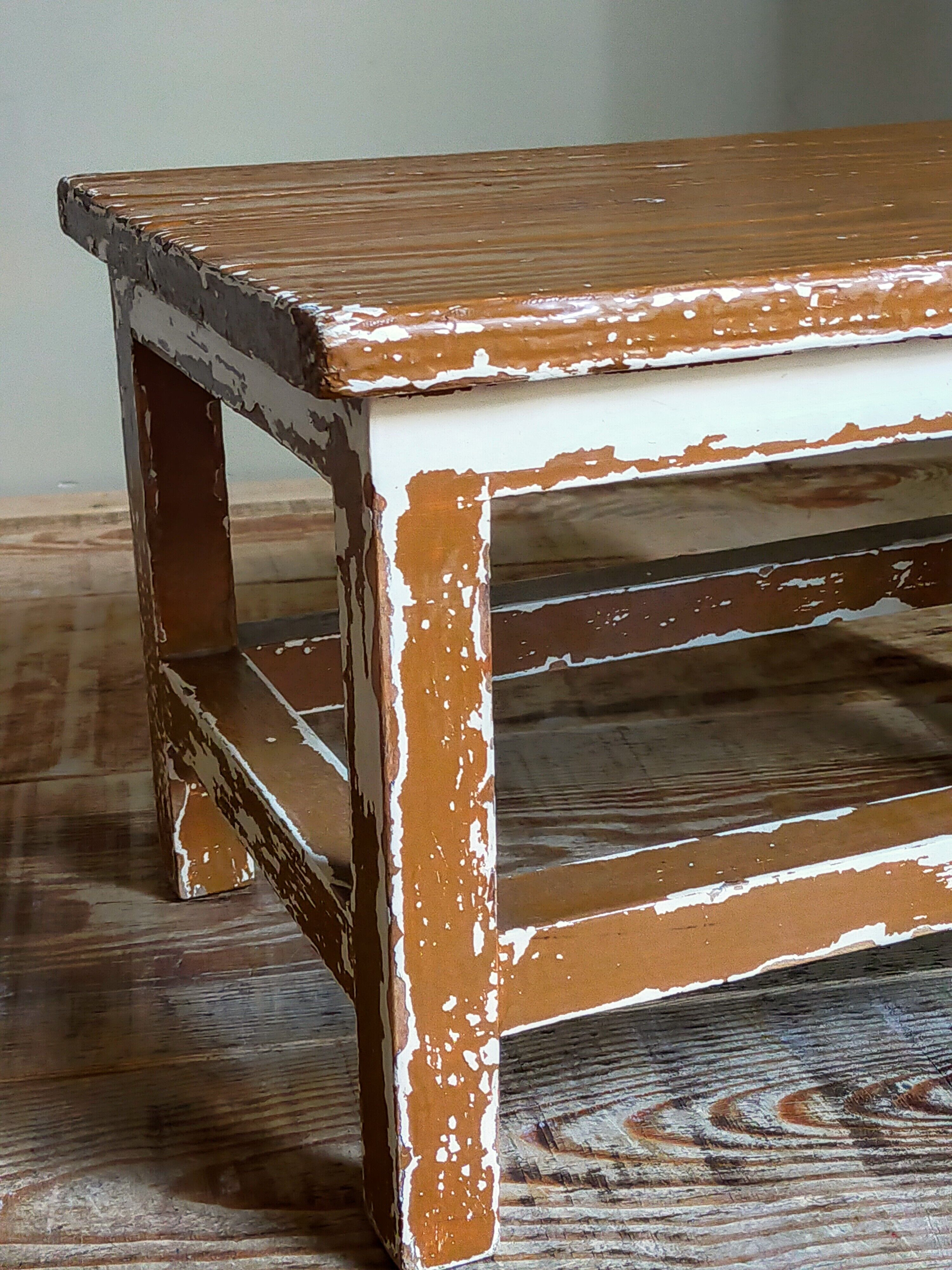 Vintage patinated solid wood side bench