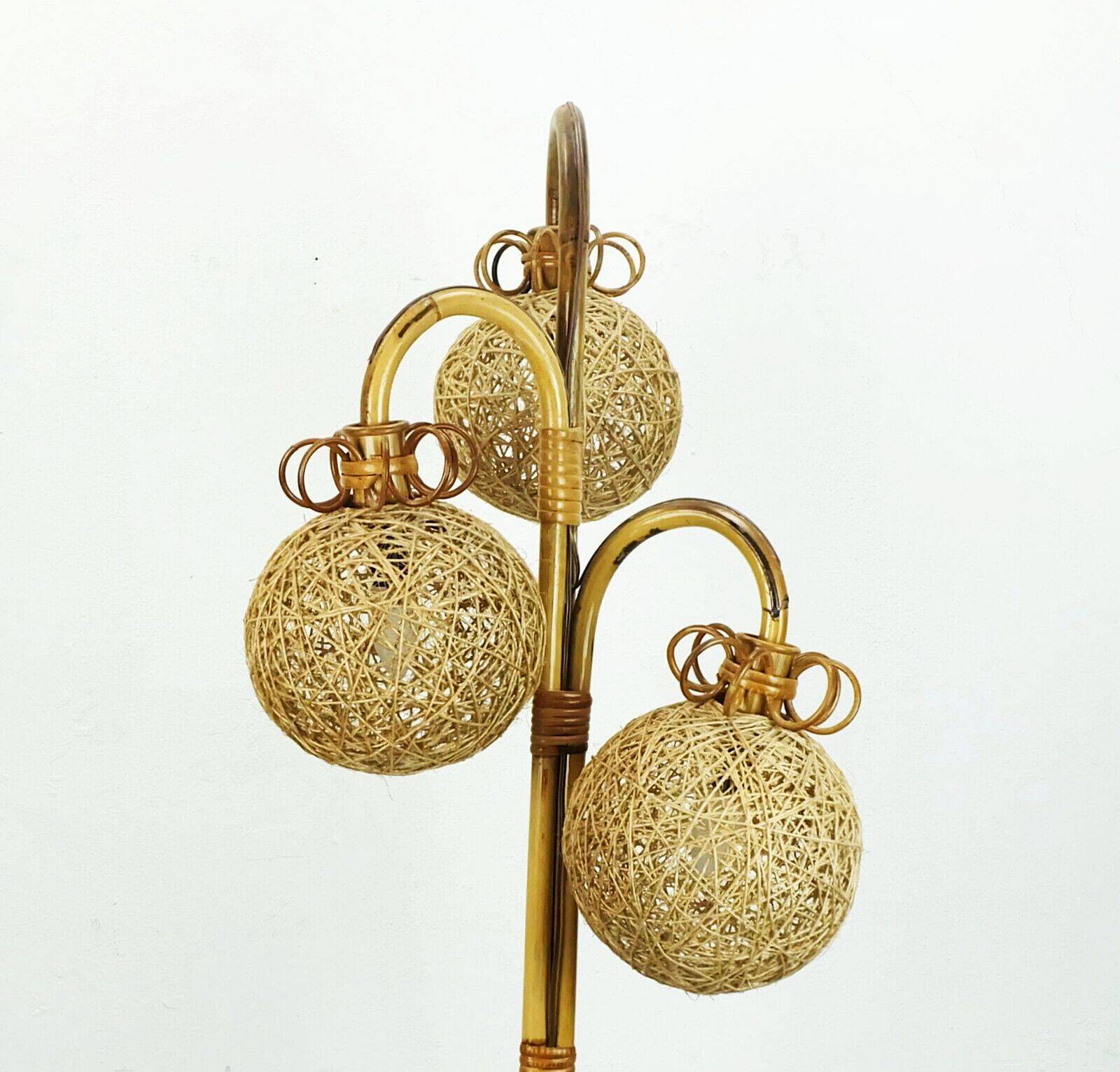 Rare mid century tripod floor lamp bamboo rattan 50s hawaii tiki era 3 shades