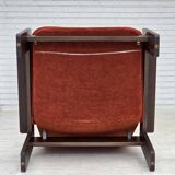 1970s, Danish armchair, orange/red furniture velour, dark oak wood.