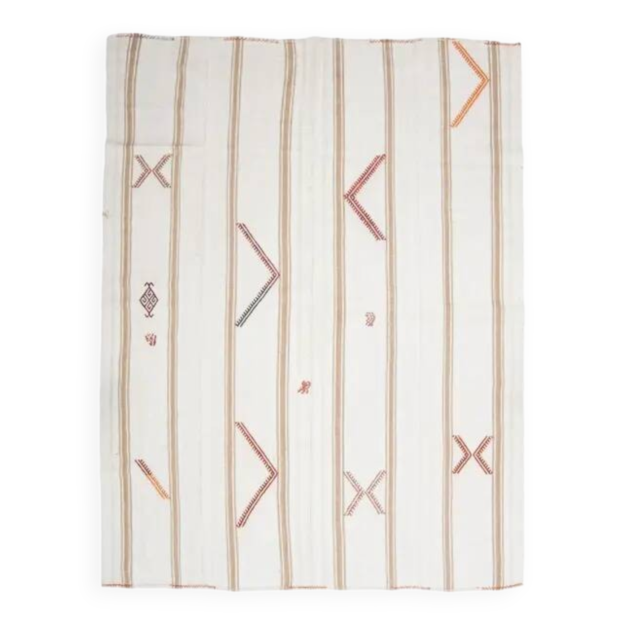 White Brown Antique Handmade Wool Kilim Rug 190x251