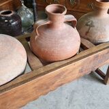 Old wooden jar holder with 3 clay jars