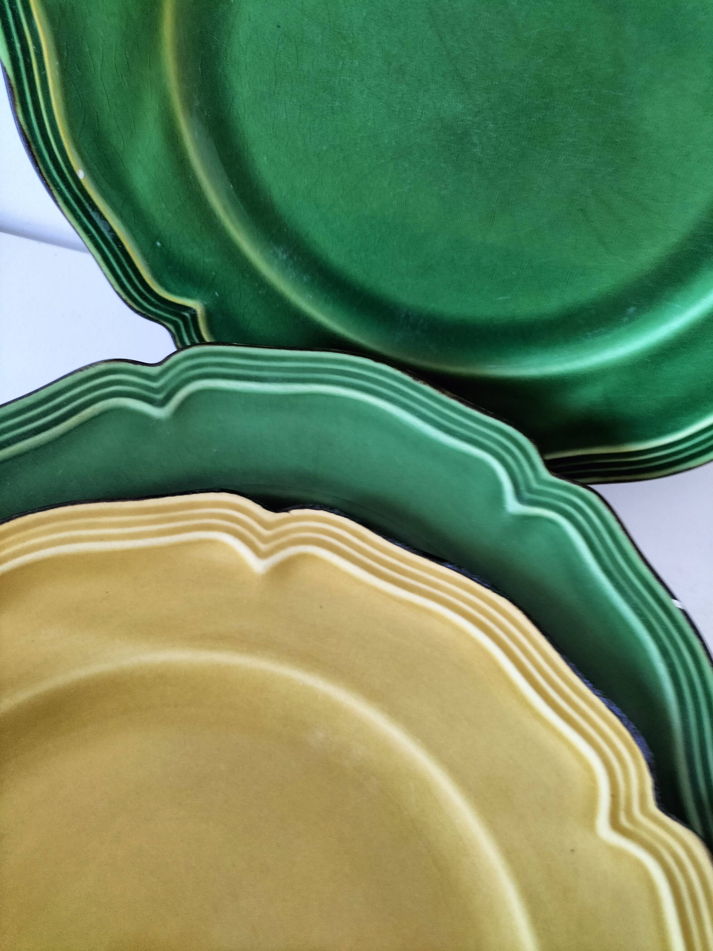 6 Dieulefit plates R. Milon green and yellow glazed earthenware