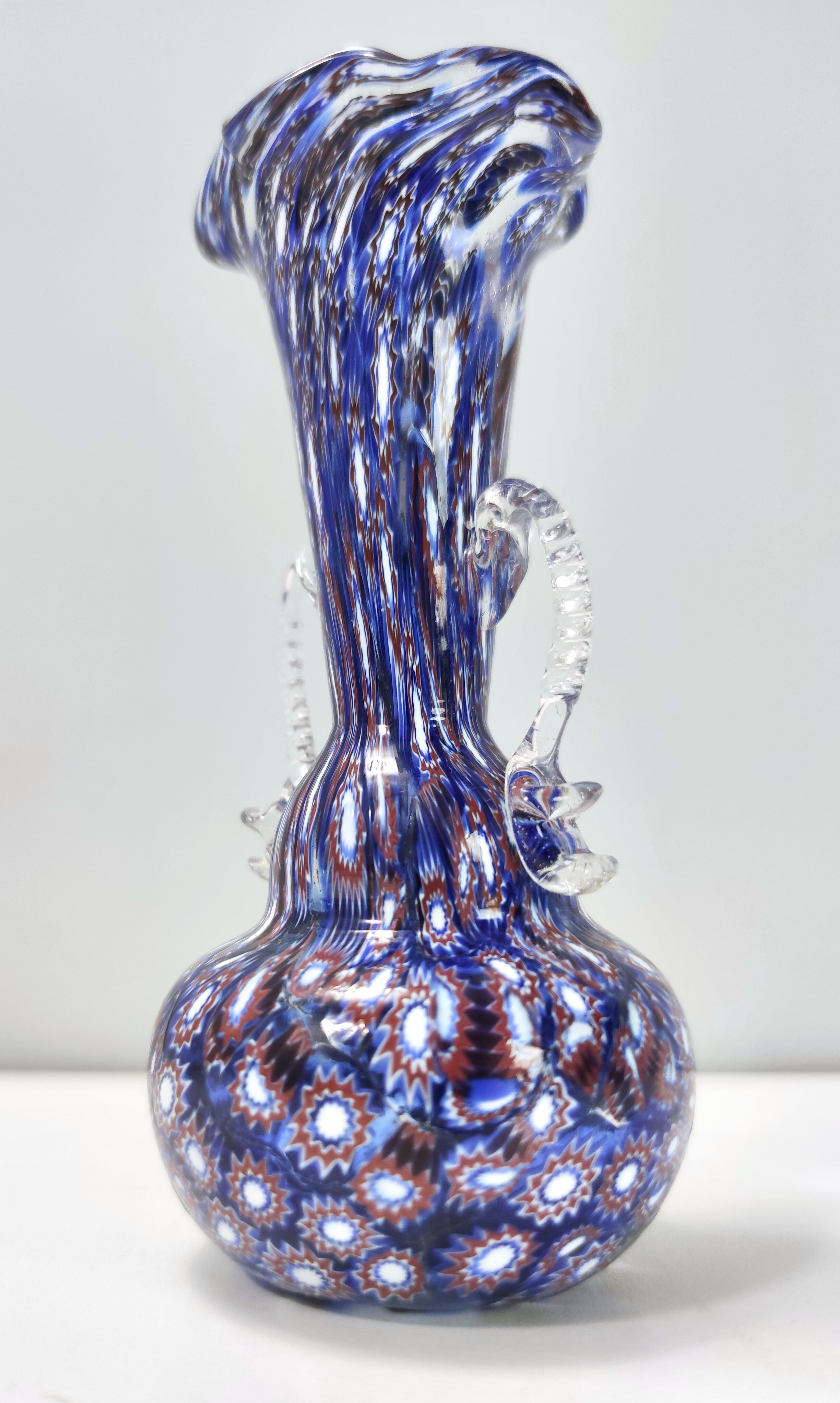 Blue murano glass vase ascribable to fratelli toso with murrines, italy