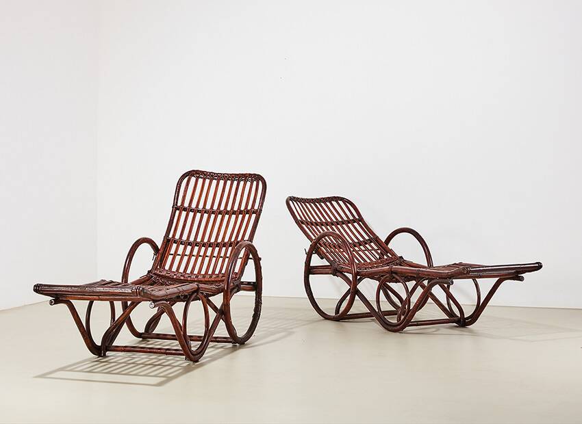 Pair of Bamboo and Rattan Chaise Lounges Germany 1950s