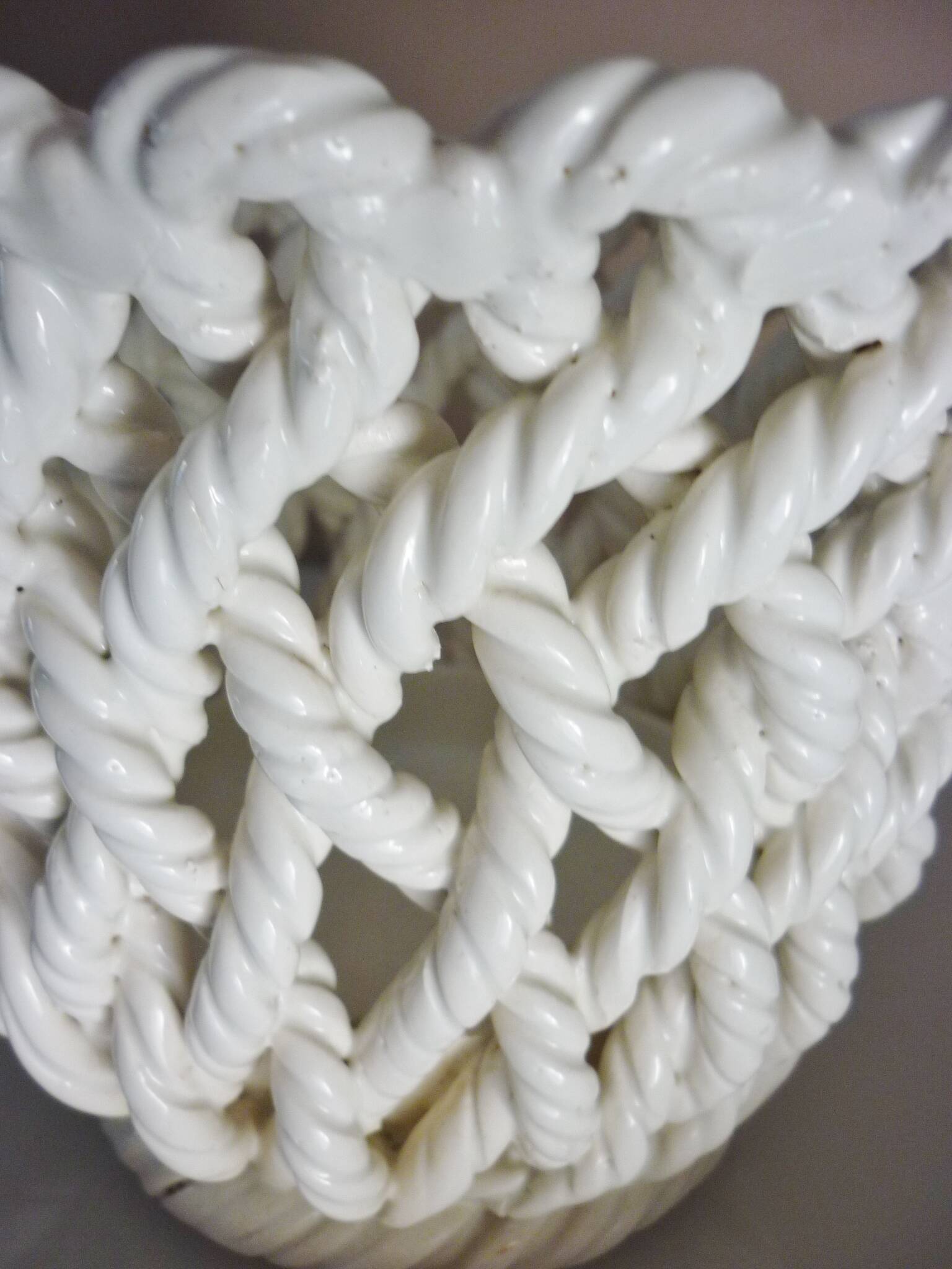 White enameled ceramic pot cover, braided, openwork, vintage