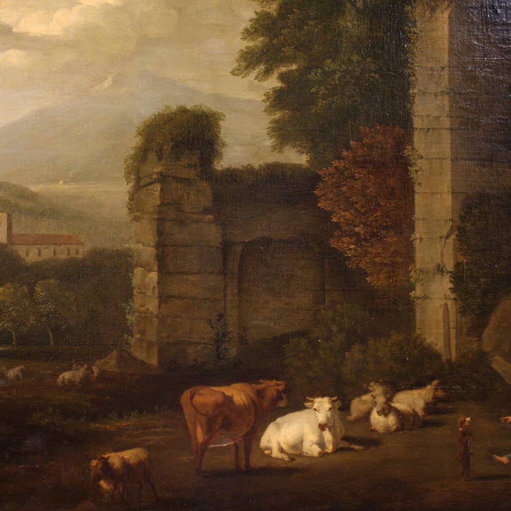 Great 17th century Italian painting, bucolic landscape with ruins