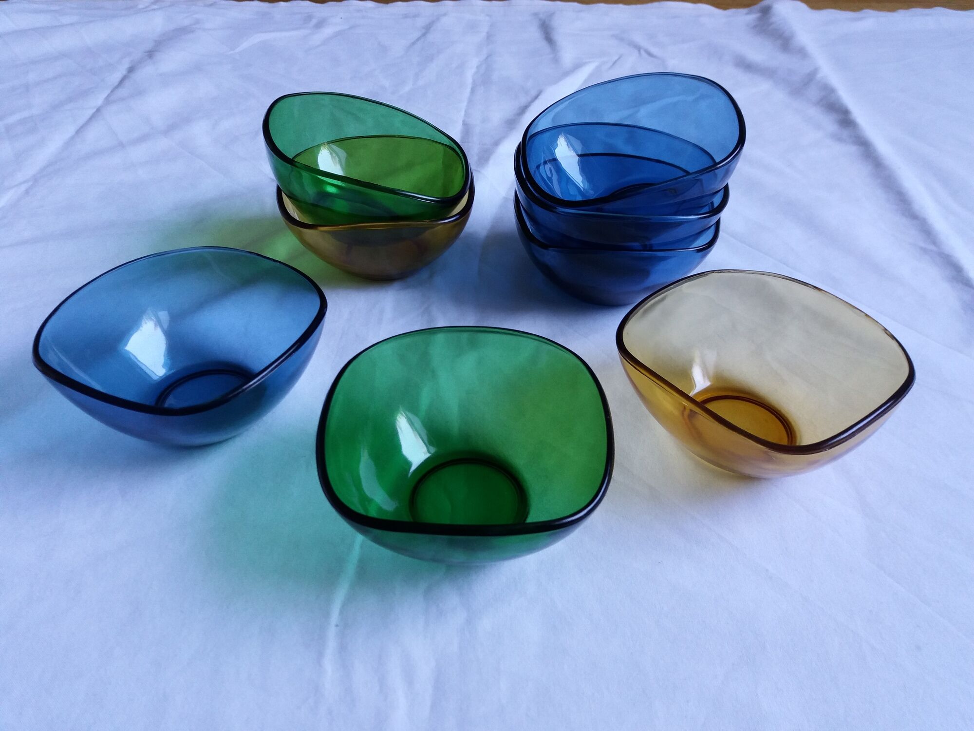 Vereco amber, blue and green glass cups set of 8