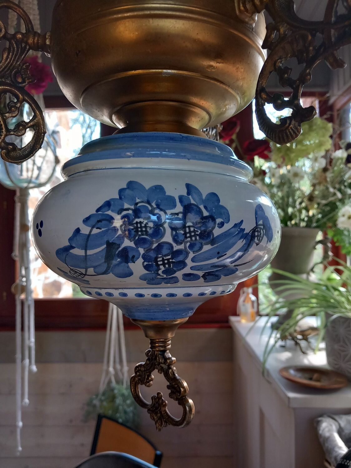 Old white opaline chandelier, brass and earthenware