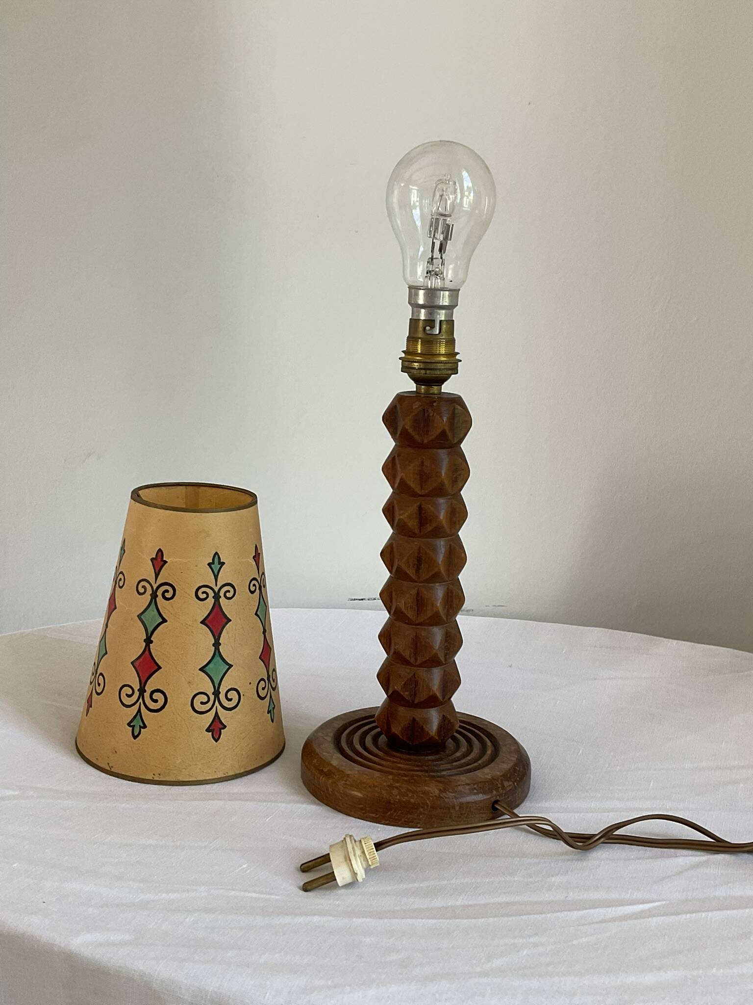 Vintage turned wooden lamp, in the style of Charles Dudouyt.
