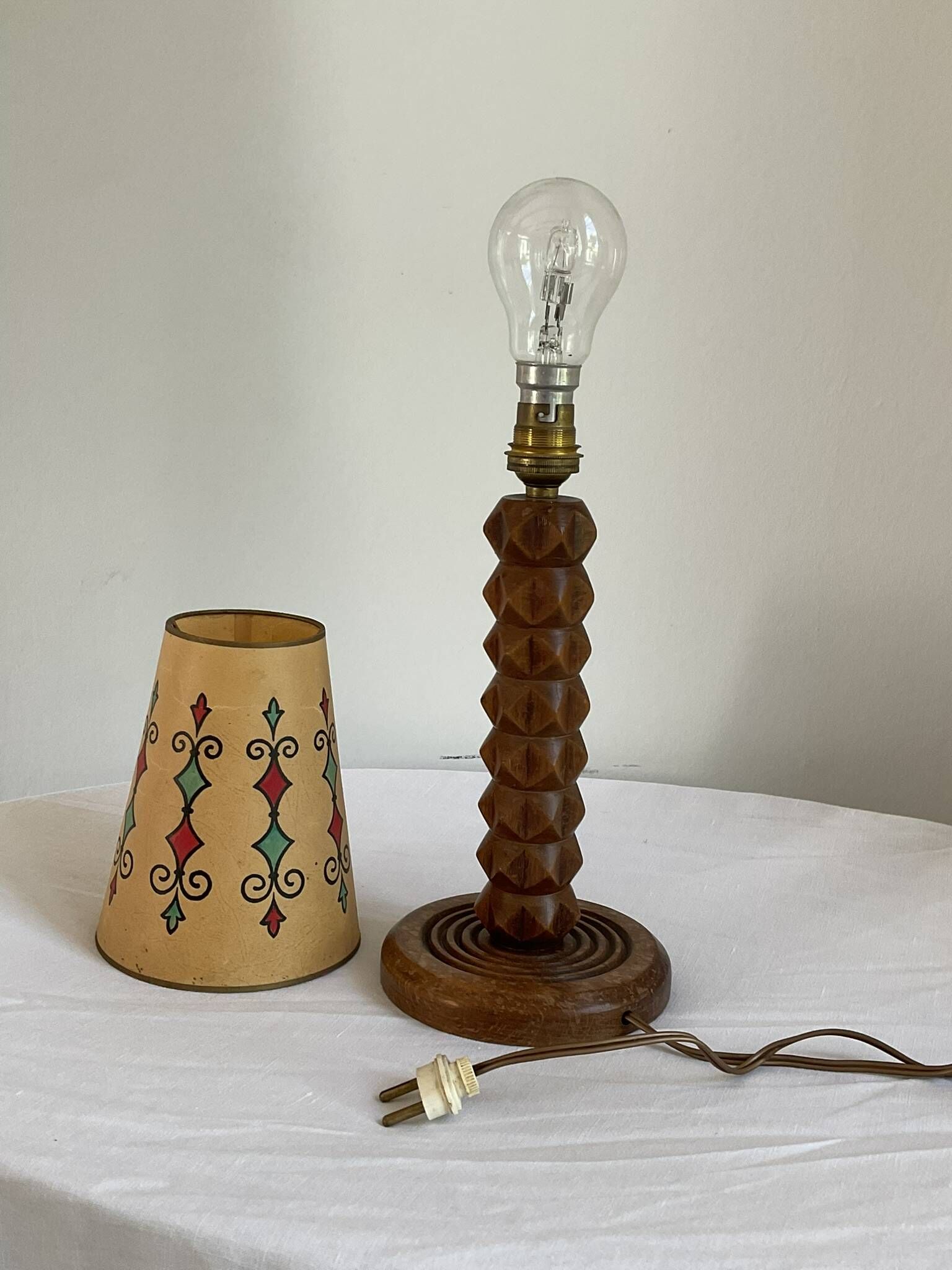 Vintage turned wooden lamp, in the style of Charles Dudouyt.