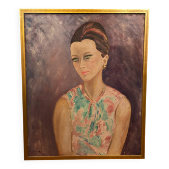 Oil on canvas signed - Portrait of a woman with green eyes