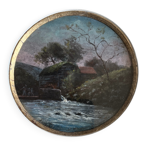 Tableau HSP Miniature ''Paysage animé au moulin à roue'' XIX° siècle
