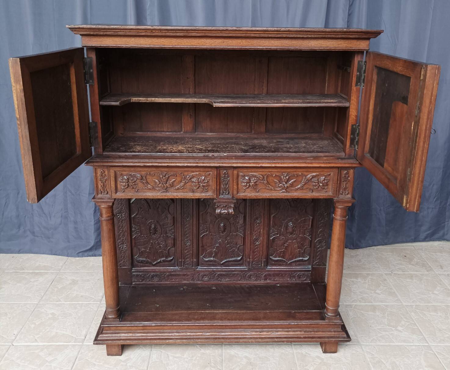Renaissance oak carved buffet cabinet