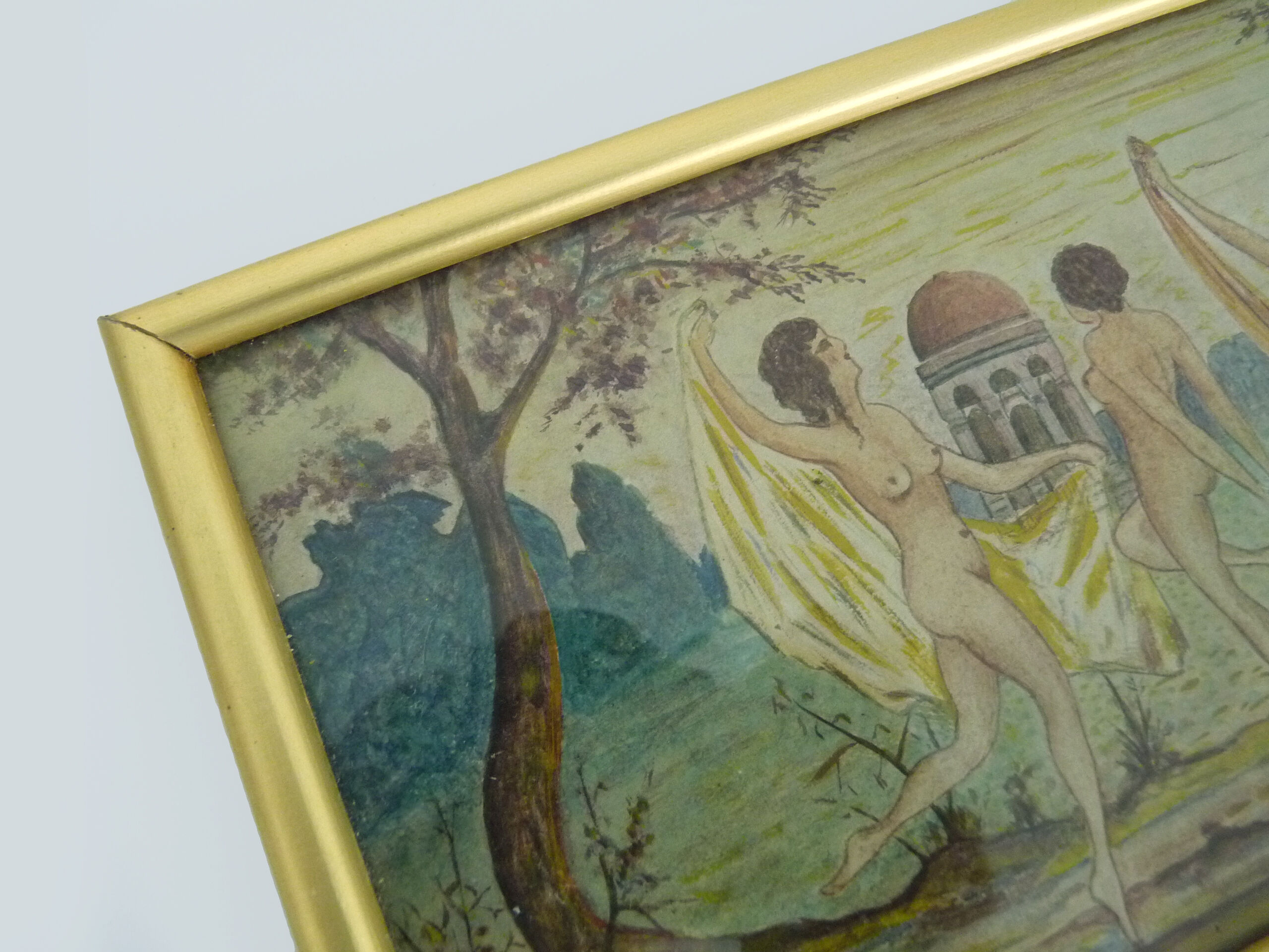 Mixed technical drawing 3 women dancing naked, 3 women in the bath. Signed. Year 20 30