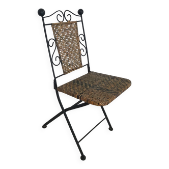Chaise en fer forgé et rotin,  pliante  et vintage