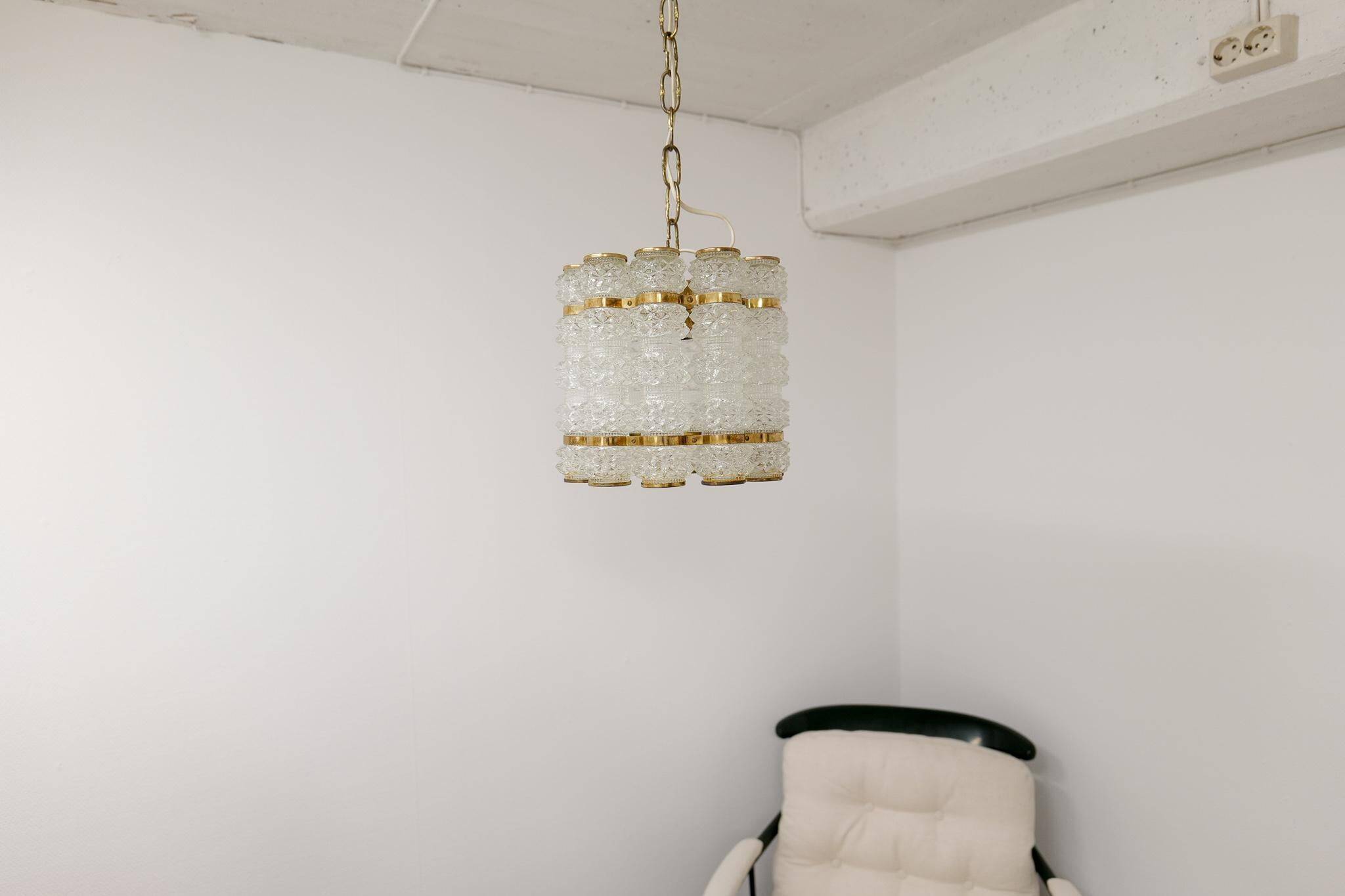 Cylindrical brass and crystal chandelier by Tyringe for Orrefors, Sweden.
