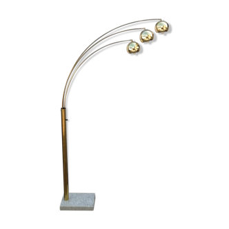 Floor lamp arc 3 globes, Space age in brass and marble by Goffredo Reggiani 1960