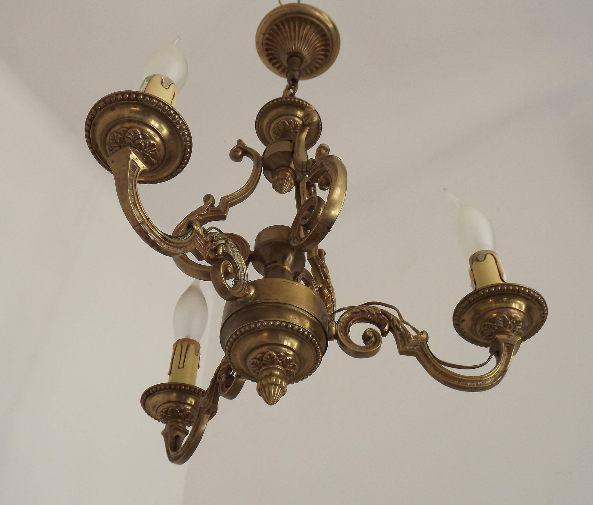 French Vintage Bronze Art Nouveau Style 3-Light 3-Sided Cage Chandelier