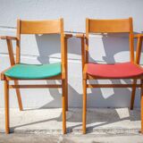 Pair of wooden and skai chairs from the 50s, vintage chairs, chair with armrests, retro