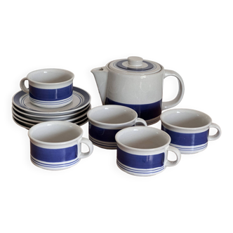 Service à thé scandinave en grès bleu et blanc