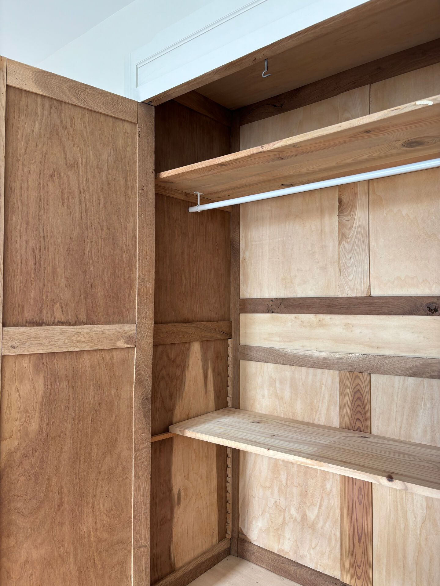 Parisian wardrobe with shelves, renovated oak wood.