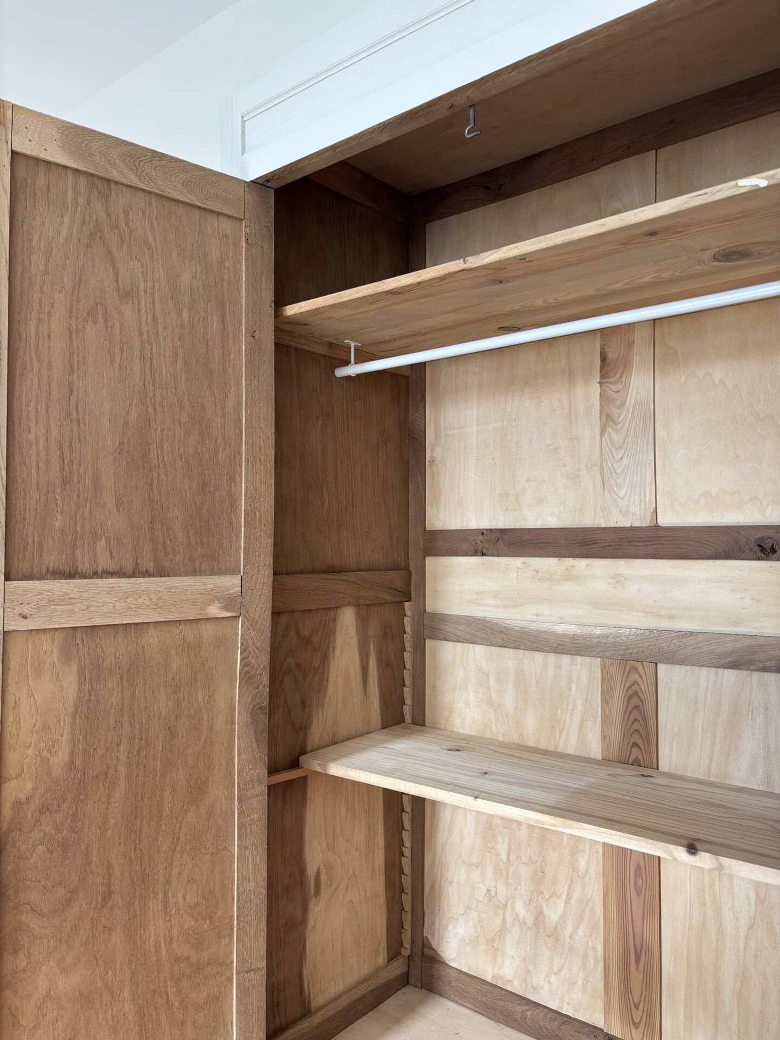 Parisian wardrobe with shelves, renovated oak wood.