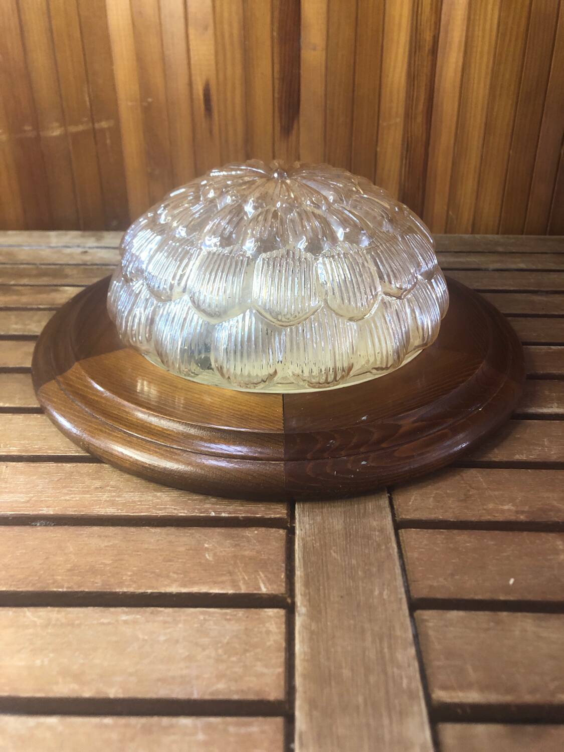 Old golden molded glass pendant light + vintage wood contour #a378