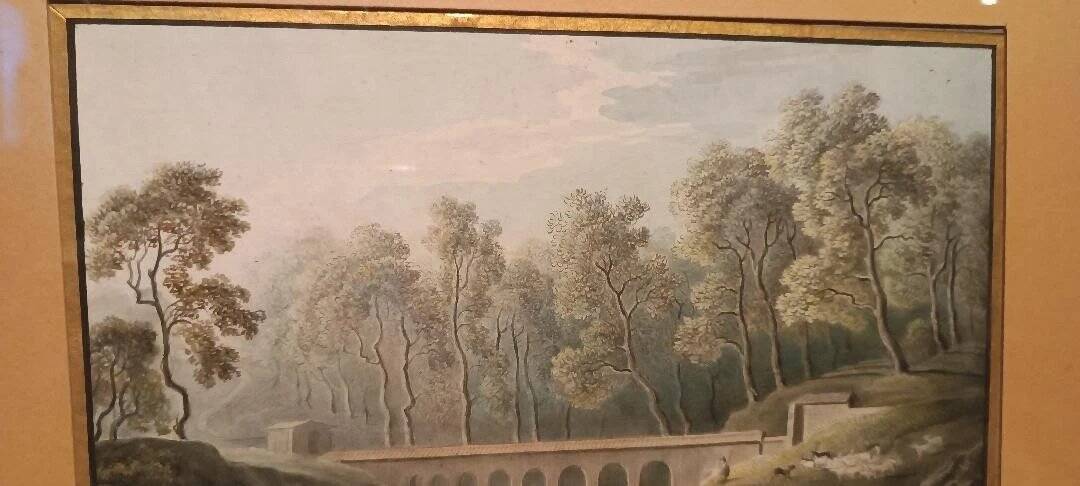 Old watercolour on paper from the early 19th century – landscape with aqueduct and bridge.