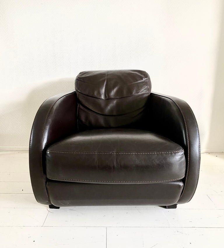 Art Deco style Vintage Brown Leather Lounge chair By Roche Bobois.