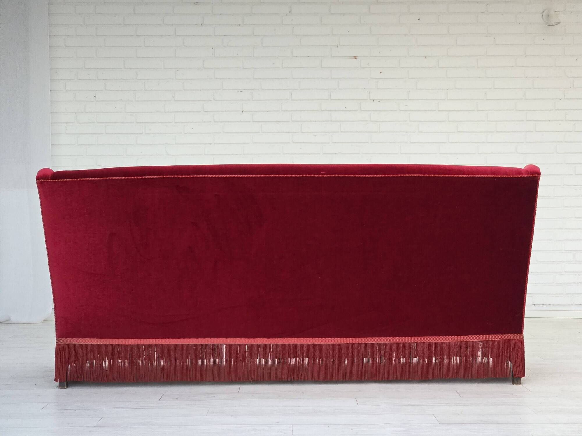 1960s, Danish 3-seater sofa, cherry-red furniture velour, ash wood.