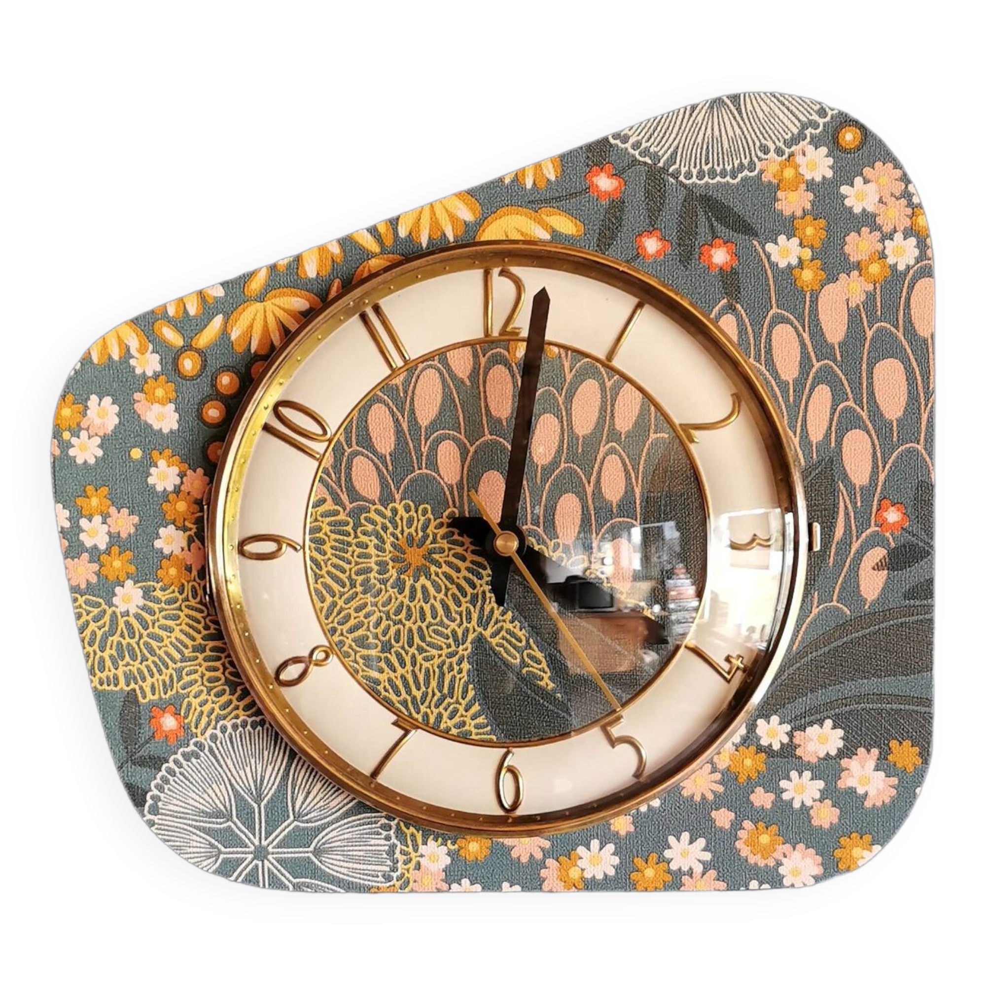 Vintage formica clock silent asymmetrical wall pendulum "Pink ocher blue"