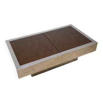 Table basse bar vintage en verre et aluminium, 1970