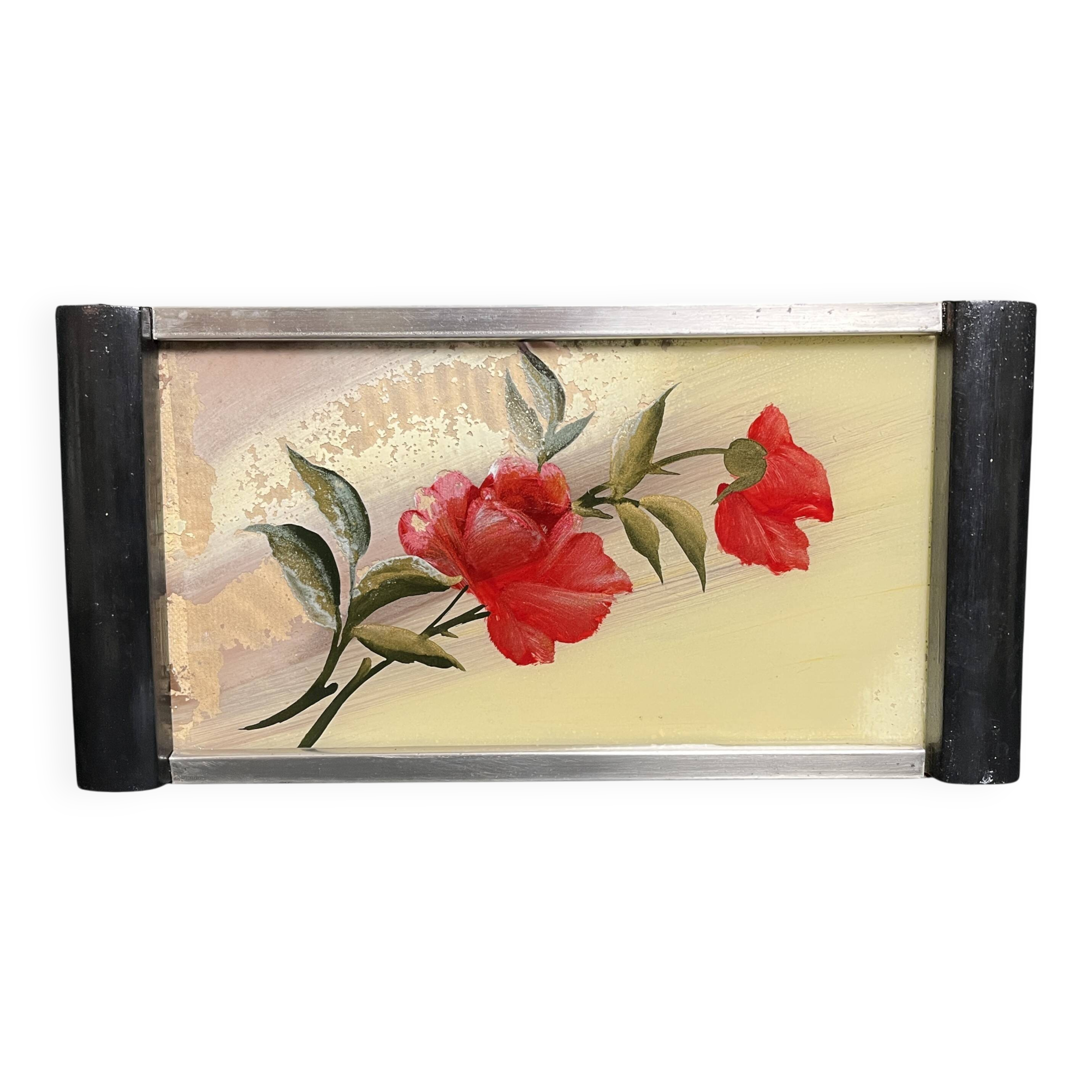Art Deco, gouache tray under glass, black wood handles, circa 1930