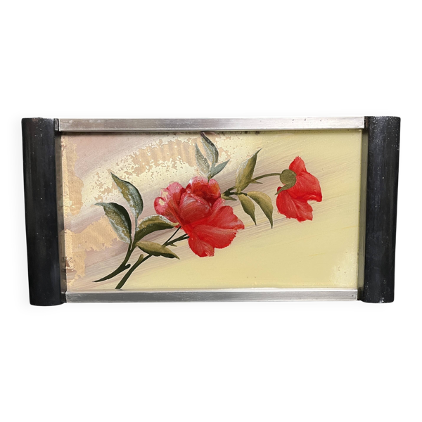 Art déco, plateau gouache sous verre prises bois noir vers 1930