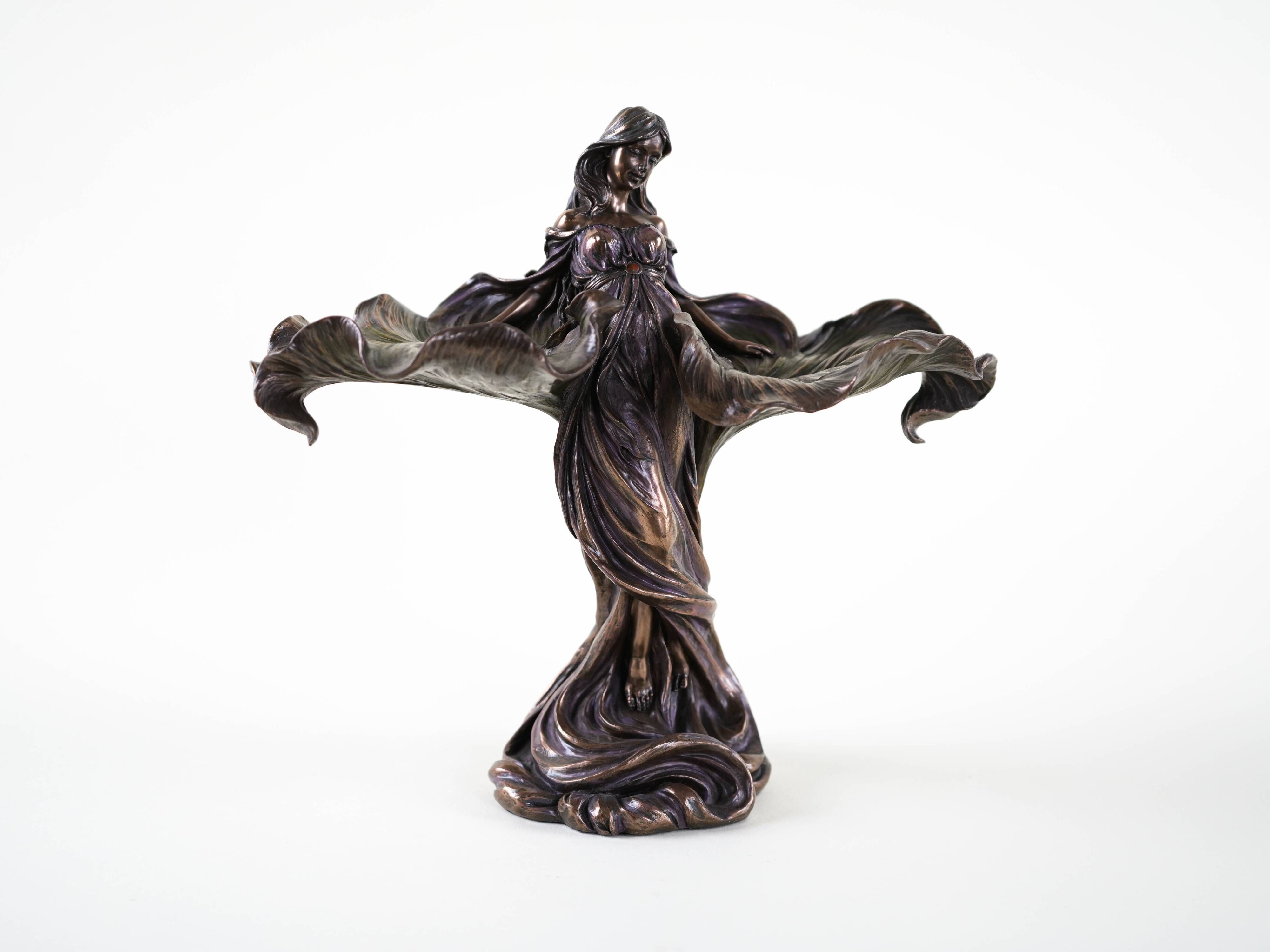 Brass female figurine in Art Deco style with floral motifs, European decorative art