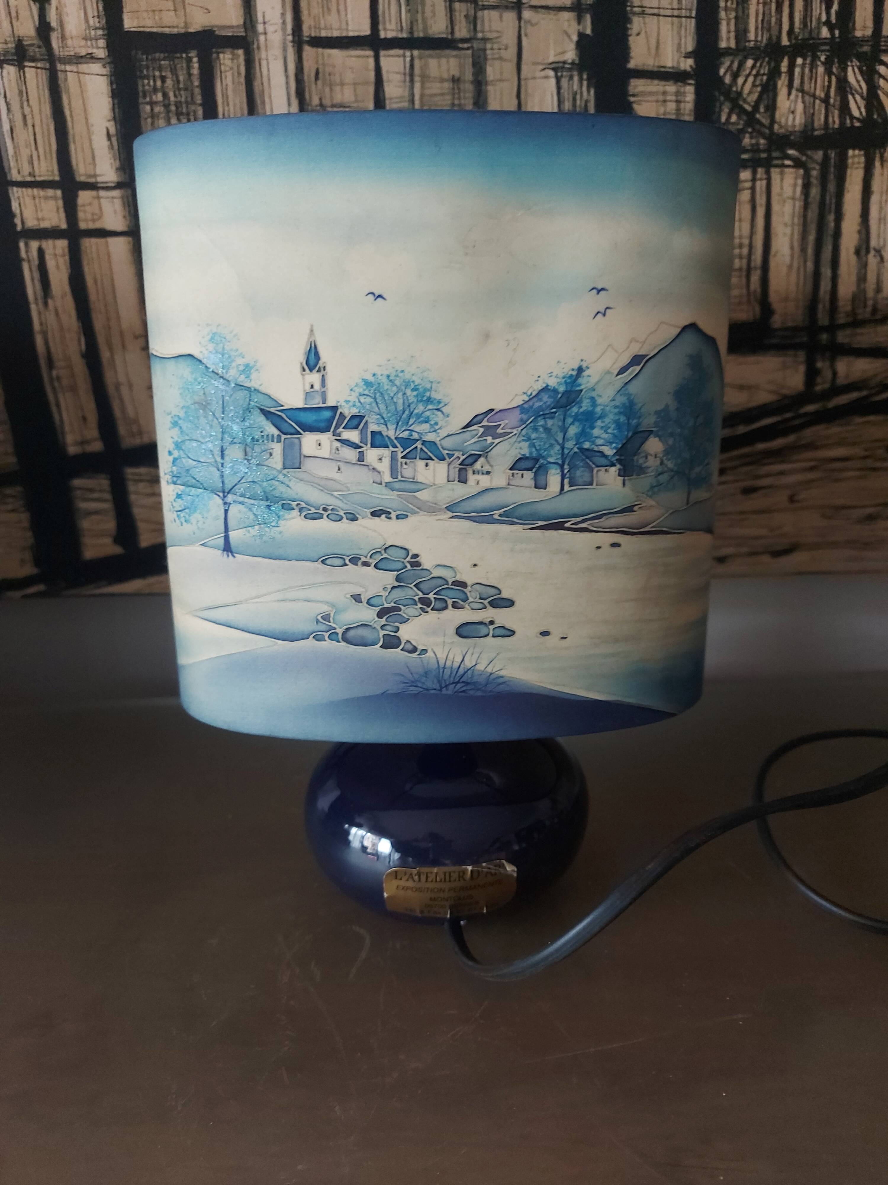 Ceramic lamp, Montclus art workshop, silk lampshade, hand painted