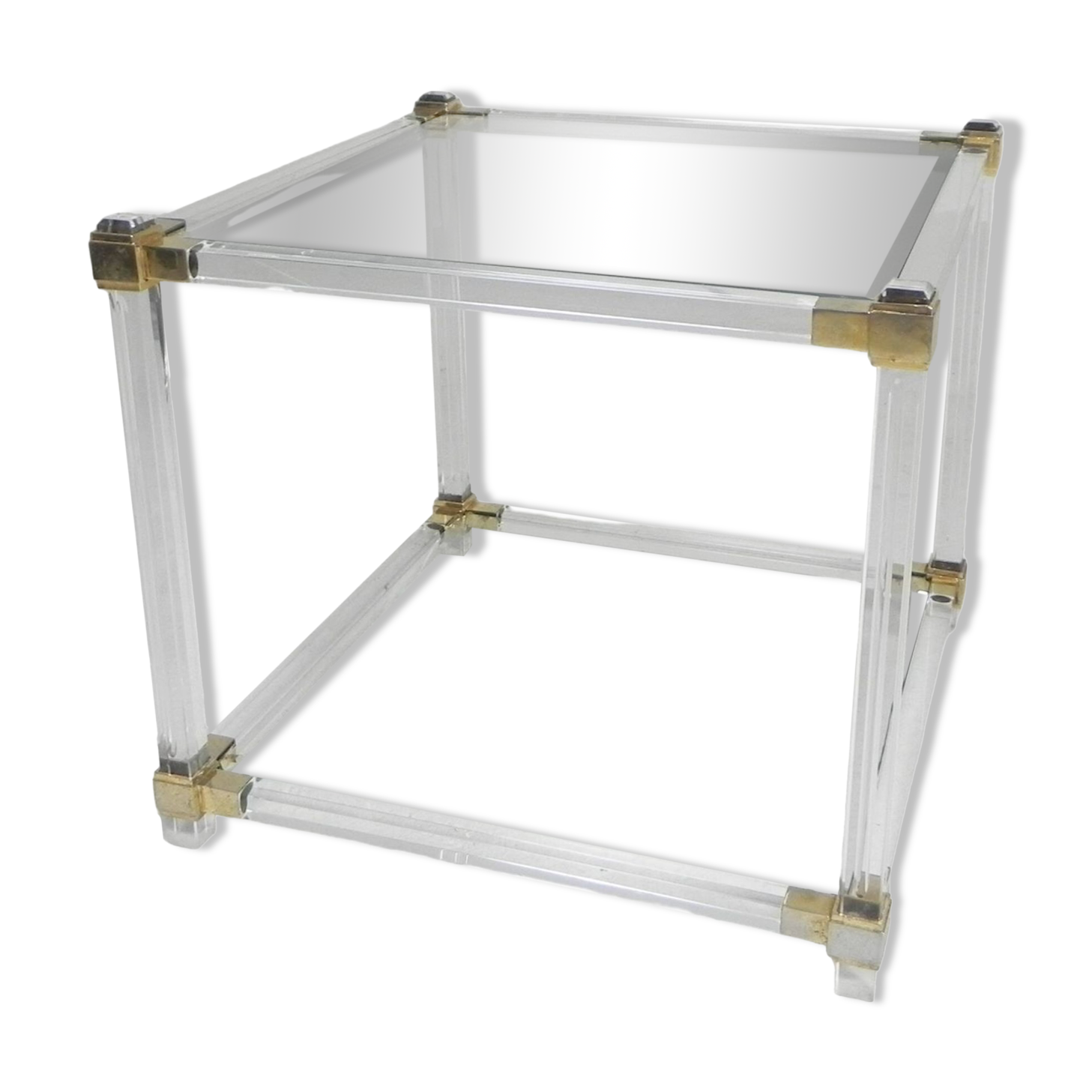 Hollywood Regency coffee table plexiglass, glass, brass, 1970s