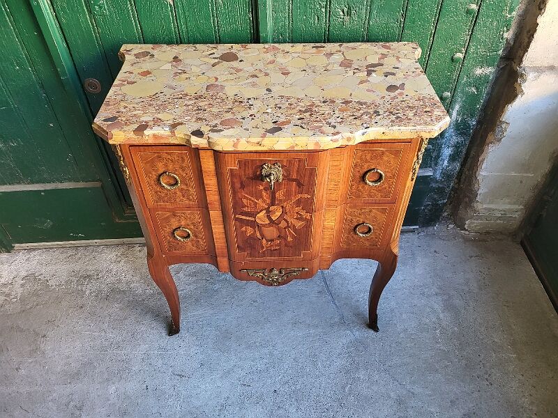 Chest of drawers transition Louis XVl marquetry marble top