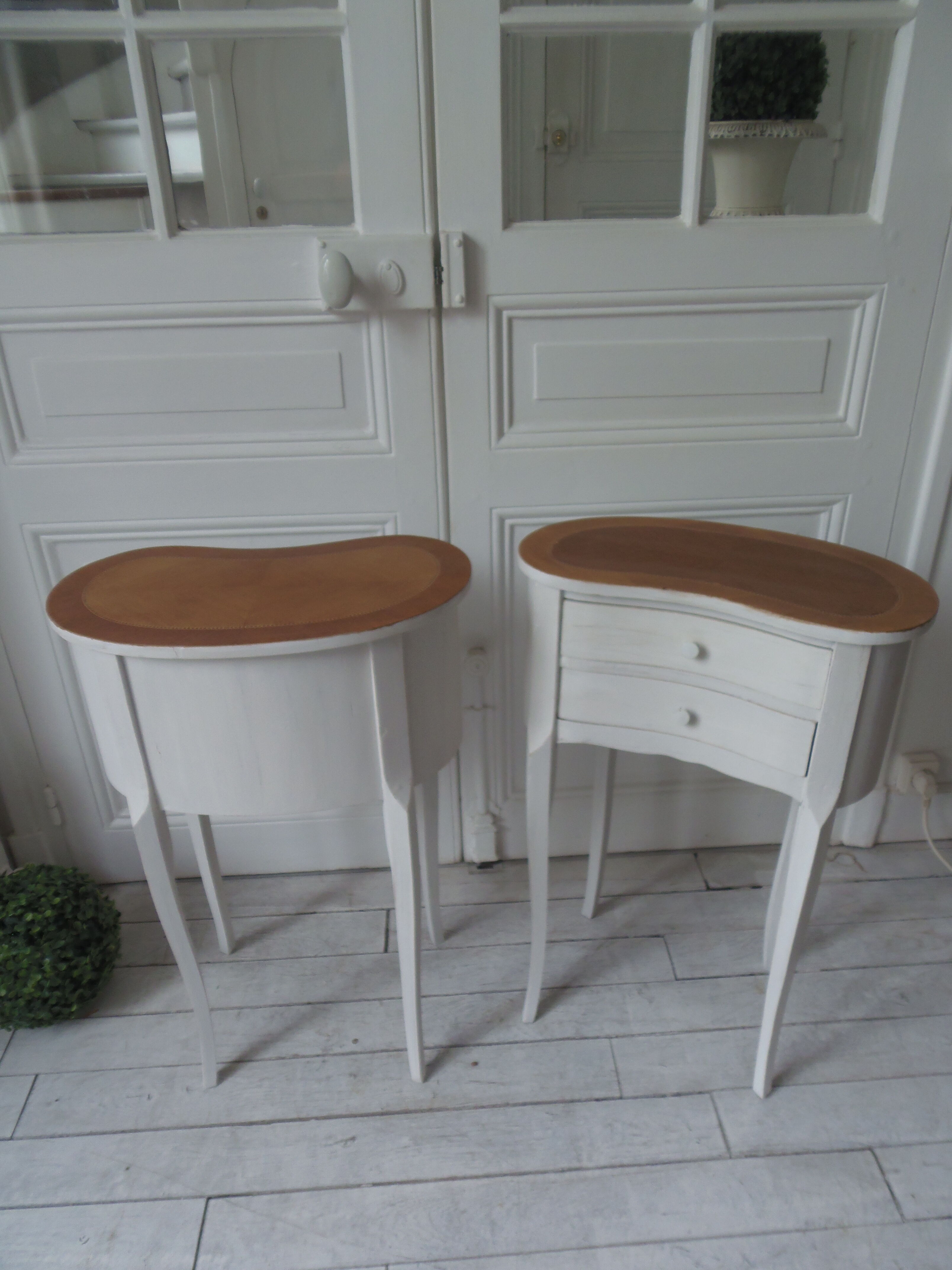 Vintage bedsides patinated pearl grey, branded wooden trays