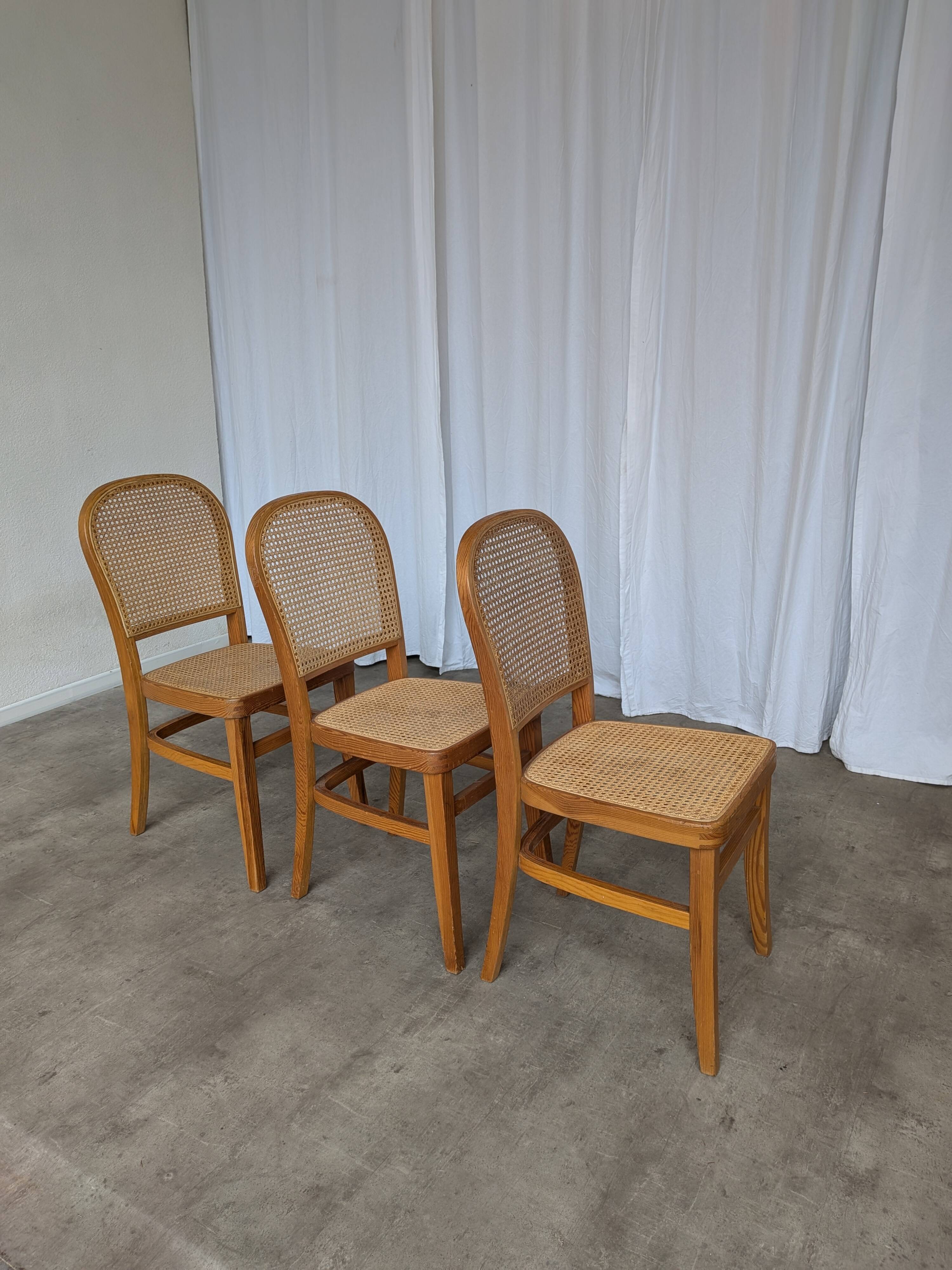 Set of 3 Vintage Wooden Dining Chairs with Cane Seat - Mid-Century Yugoslav