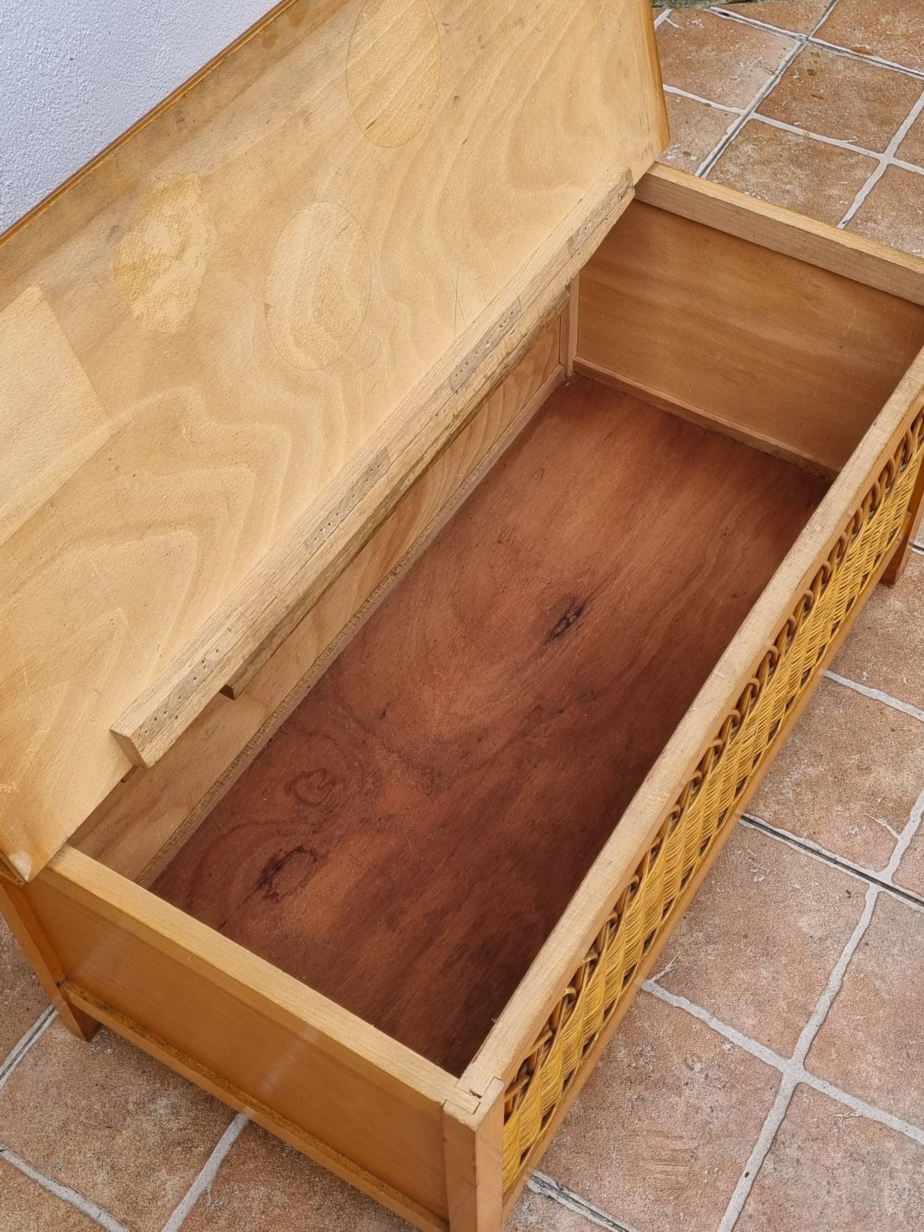 Vintage wooden bench with caning and woven rattan, 1960s-70s.