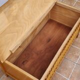 Vintage wooden bench with caning and woven rattan, 1960s-70s.