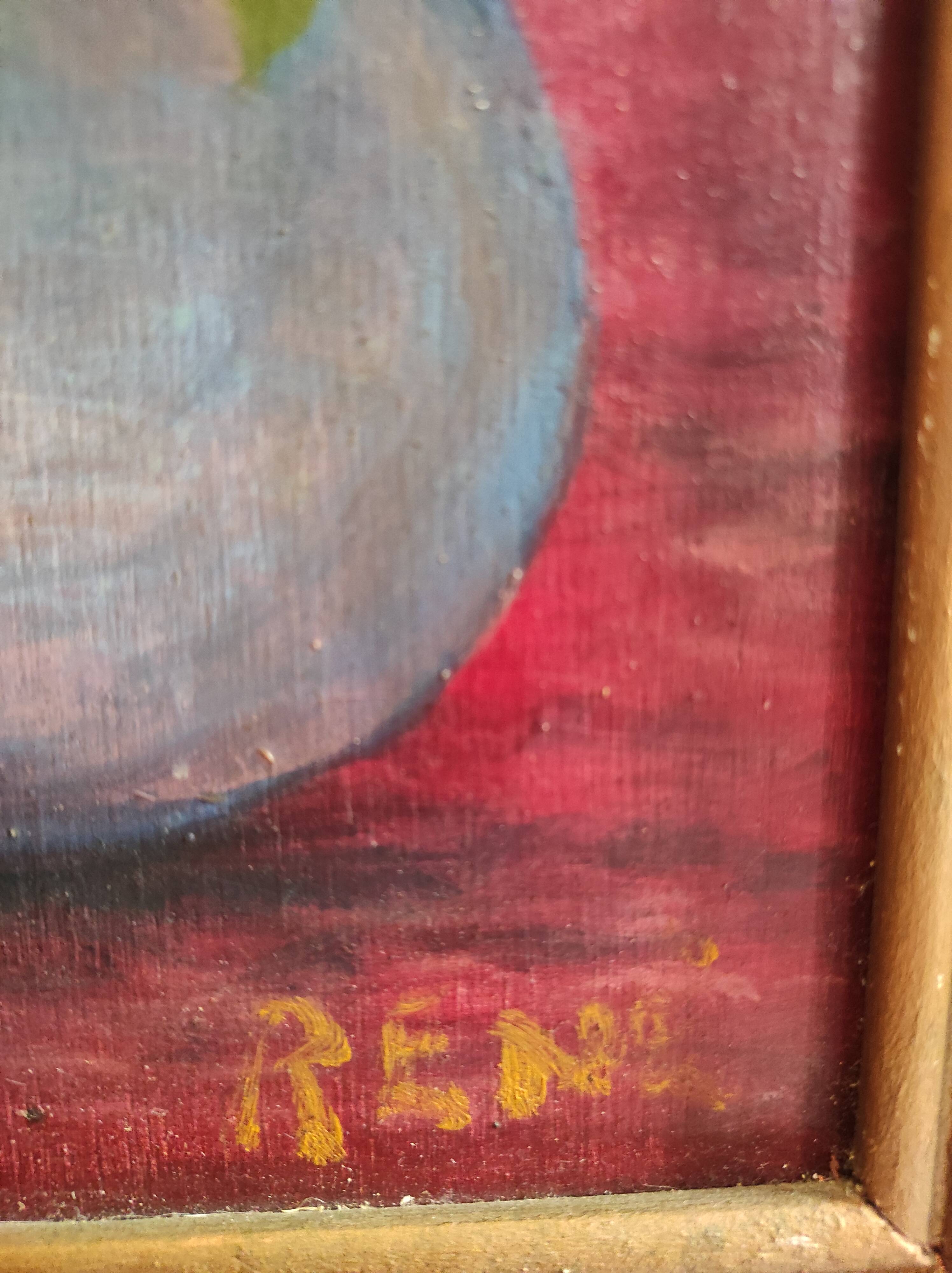 Vintage French oil painting of flowers, signed René