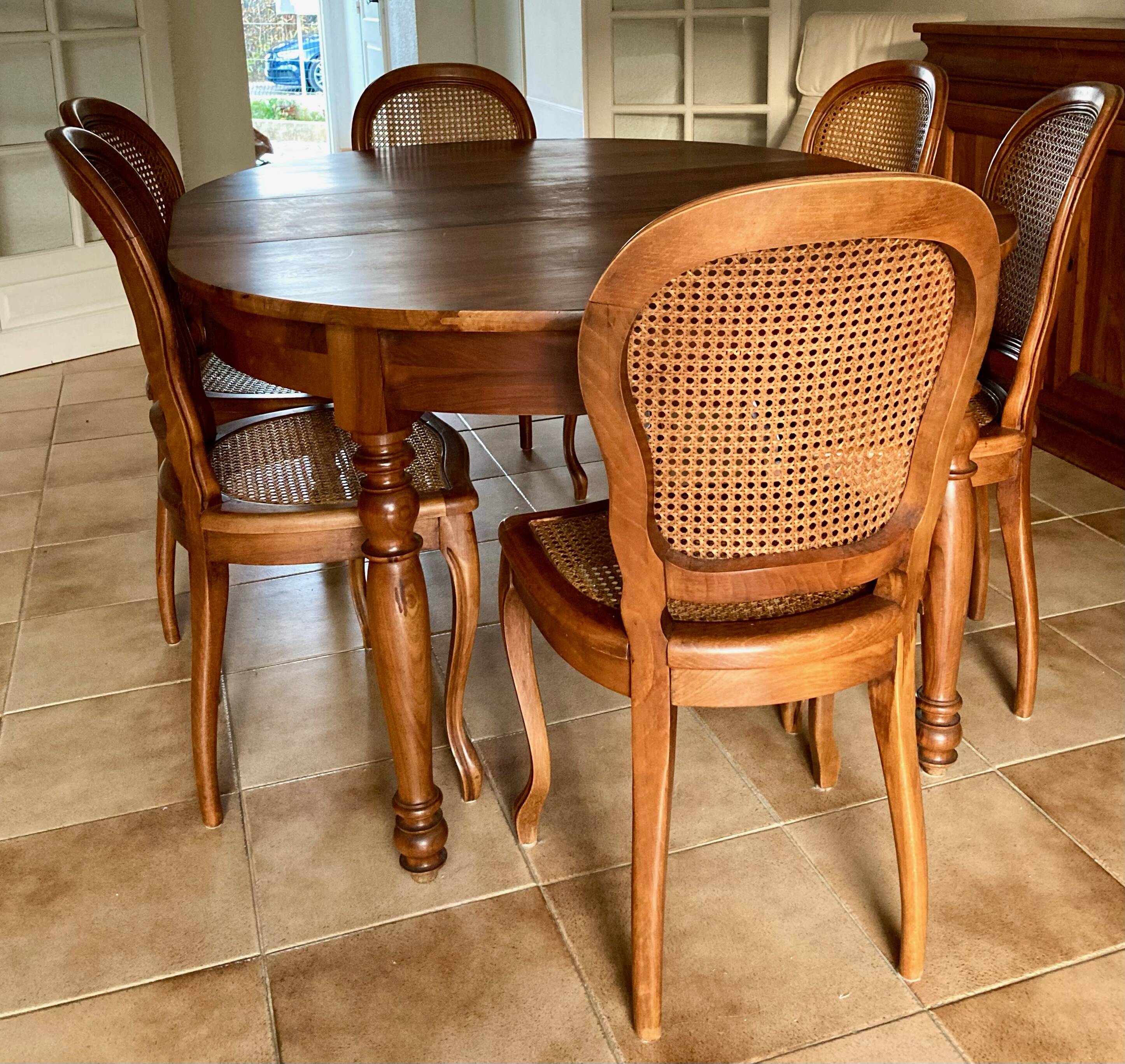 Extendable table and 6 antique caned chairs Louis XV style vintage cherry wood
