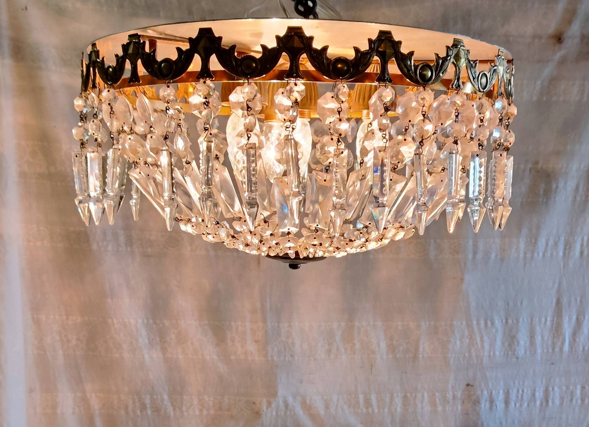 Glass and brass basket ceiling light - mid 20th century.