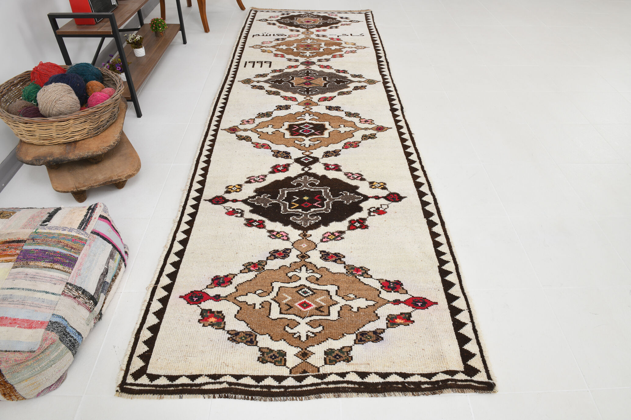Wide brown beige turkish runner rug