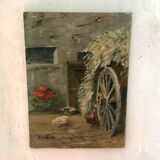 Huile scène de genre intérieur ferme/animaux