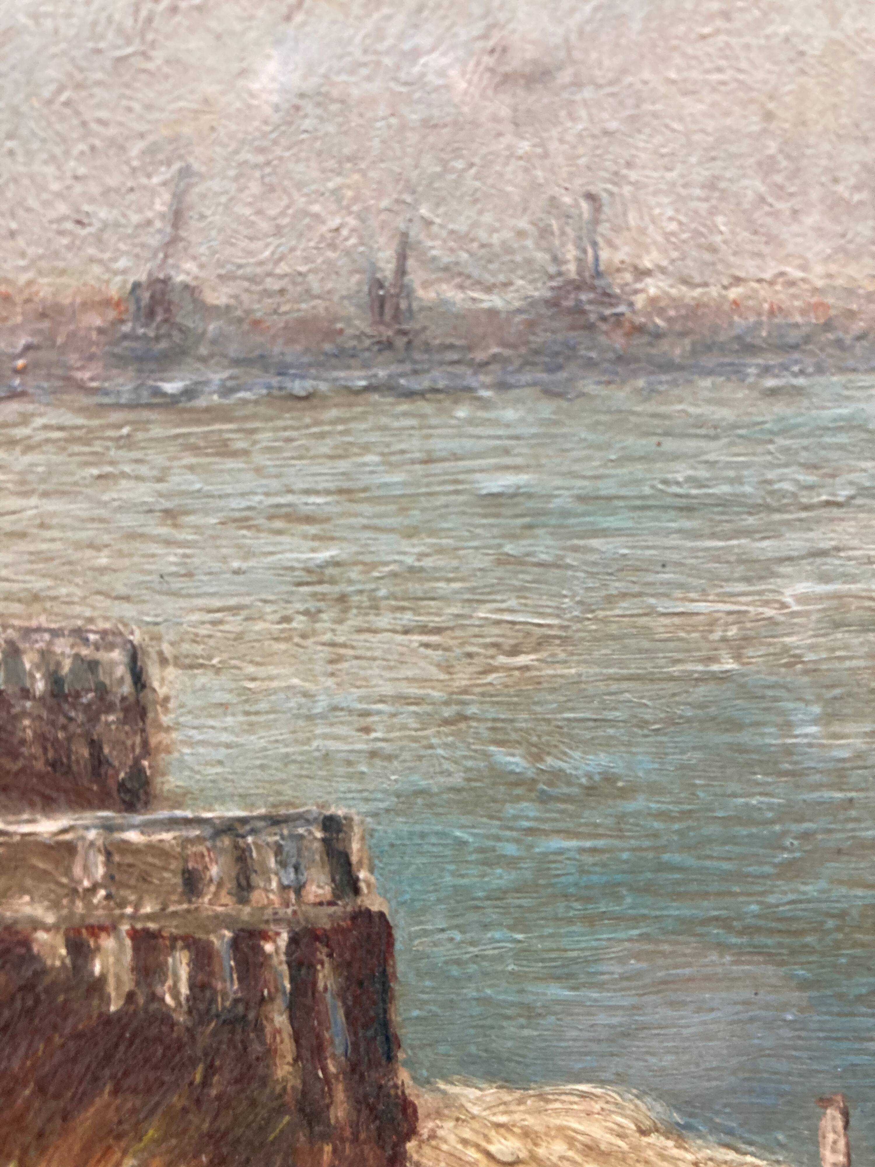 Oil painting of Harwich Docks by Geoffrey French. 1930