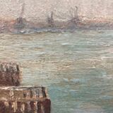 Oil painting of Harwich Docks by Geoffrey French. 1930