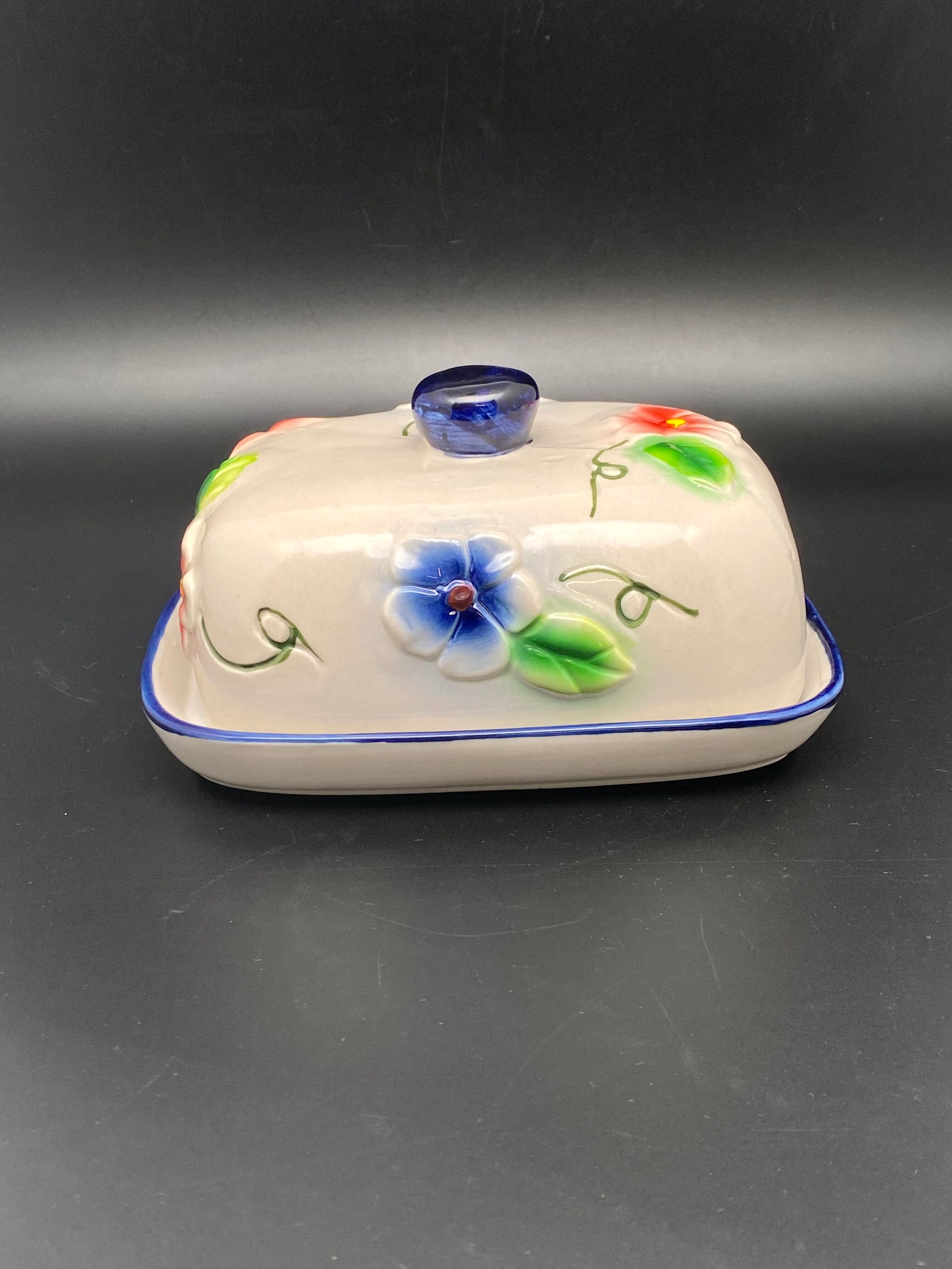 Ceramic butter dish with colored flowers